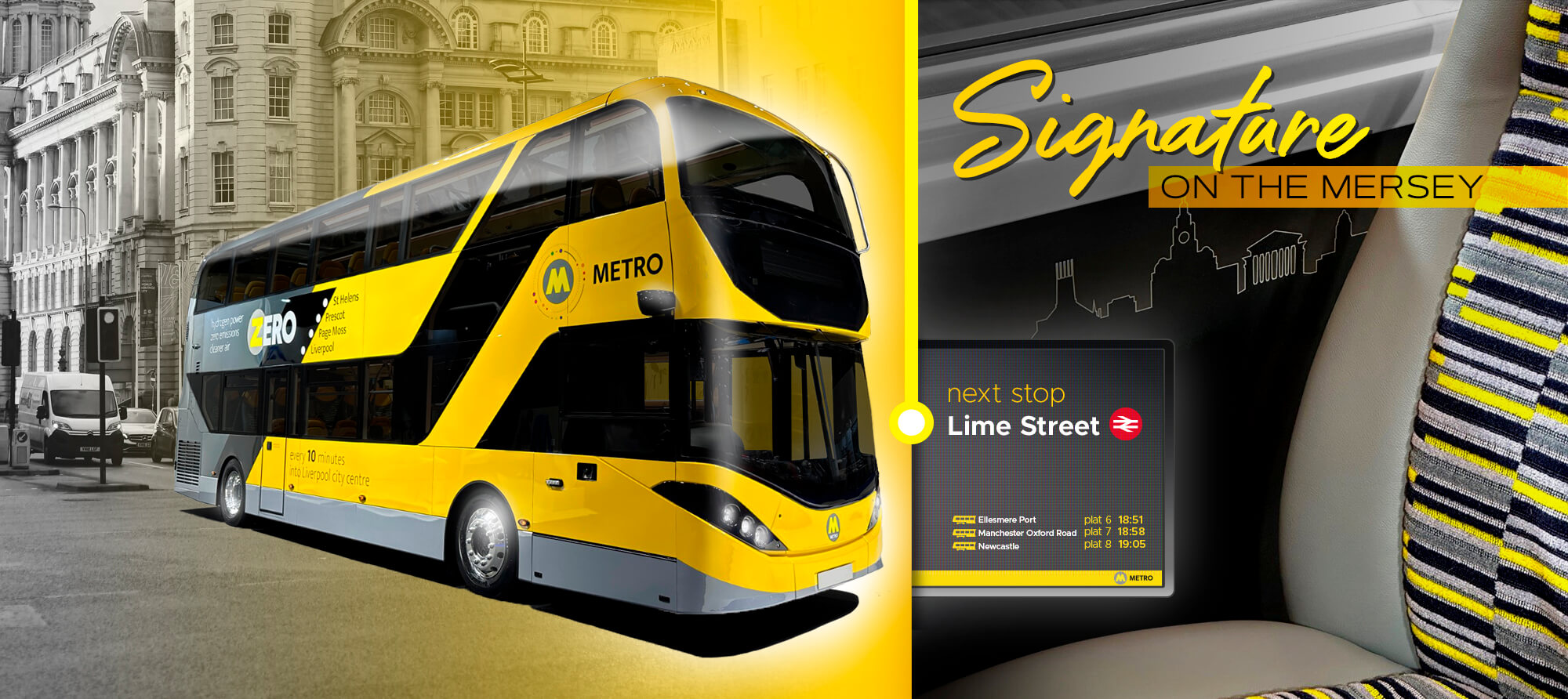 A montage showing Liverpool City Region 'Zero' branded Enviro400FCEV alongside its unique seats, wall frieze and branded next stop screens