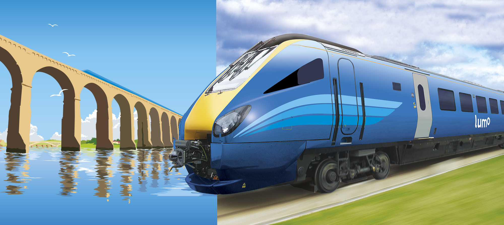 A concept image of Lumo's Stirling train service and a classical illustration showing a Lumo train going over a viaduct