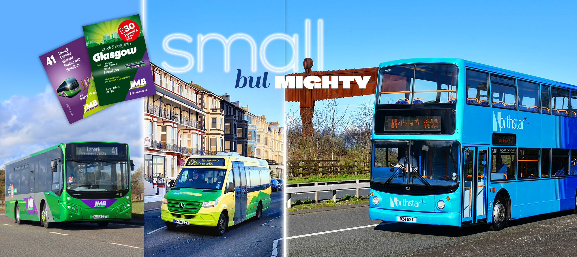 A montage of smaller operators buses including JMB, Cuckmere and Northstar with the heading 'Small But Mighty'